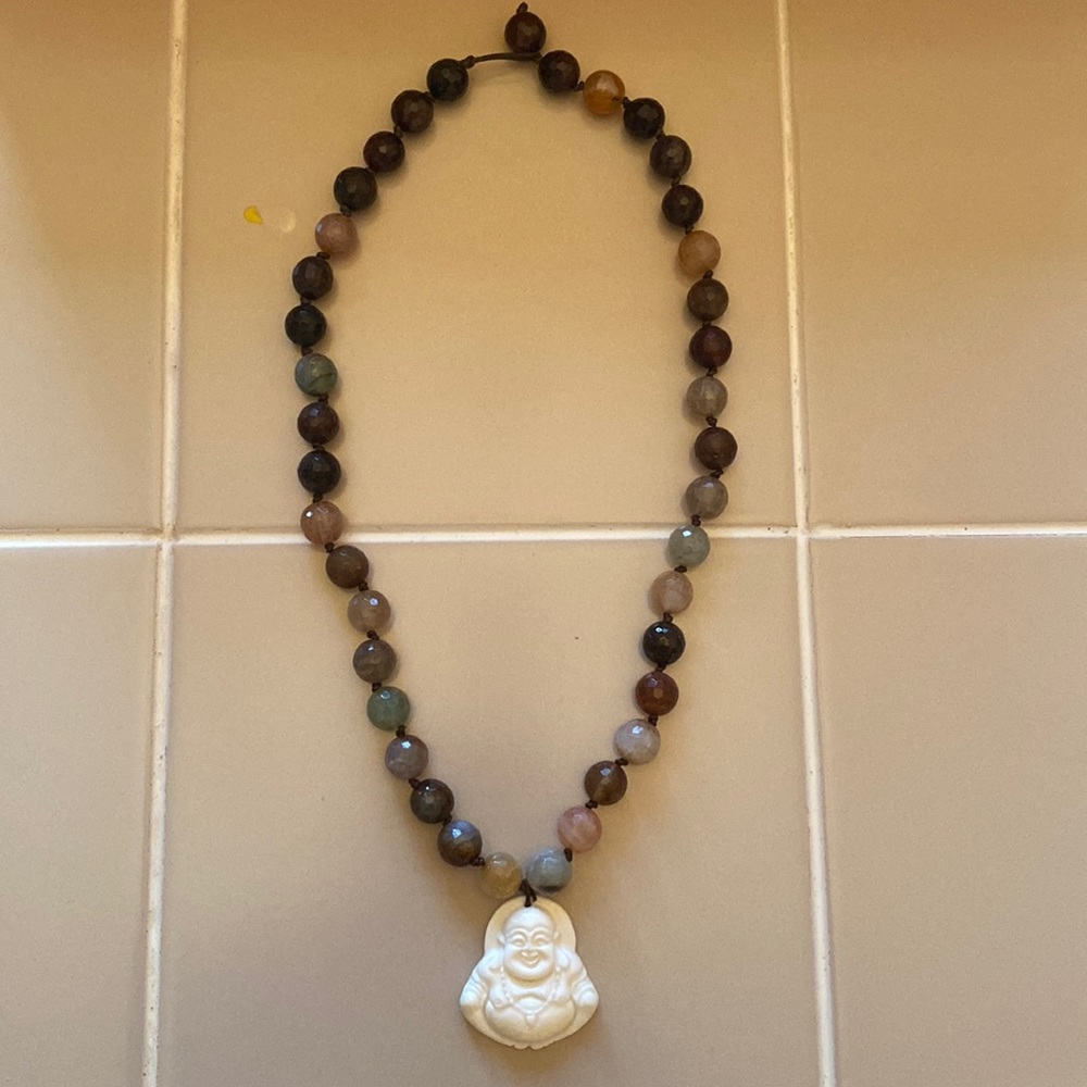 Neutral Brown Agate Stones on leather cord with white buddha stone pendant